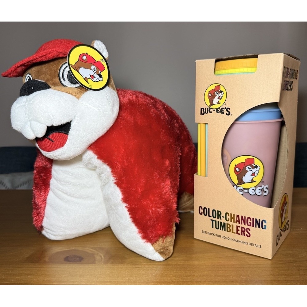 Buc-ee's Color-Changing Cups & Plush Pillow- 5 Piece Set 25oz with Lids & Straws